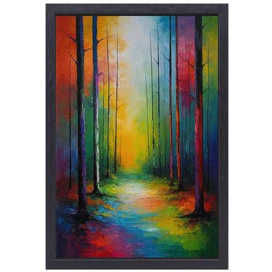 Betoverend Kleurrijk Bospad bij Zonsopgang canvas met baklijst
