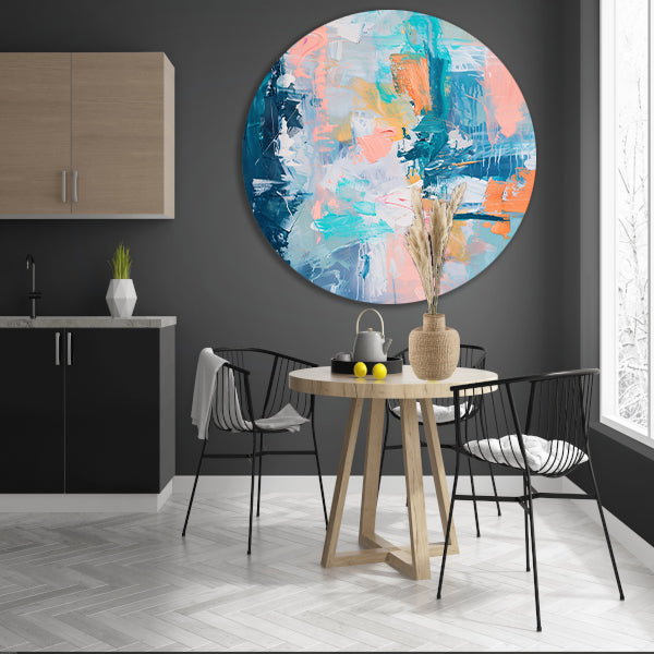 Kleurrijk abstract schilderij voor modern interieur aluminium muurcirkel