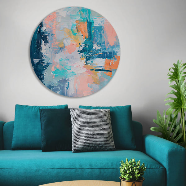 Kleurrijk abstract schilderij voor modern interieur aluminium muurcirkel