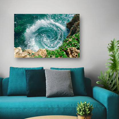 Abstracte waterwerveling bij rotsachtige kust canvas