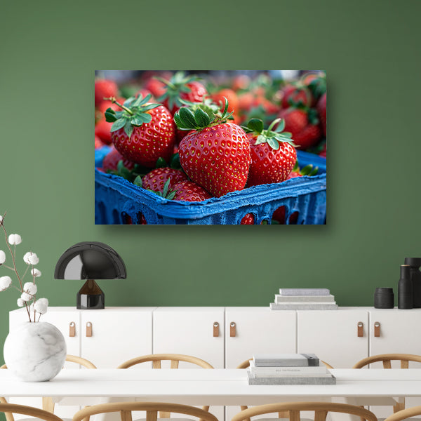 Blauwe schaal met aardbeien canvas