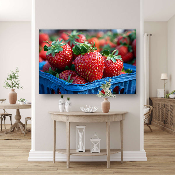 Blauwe schaal met aardbeien canvas