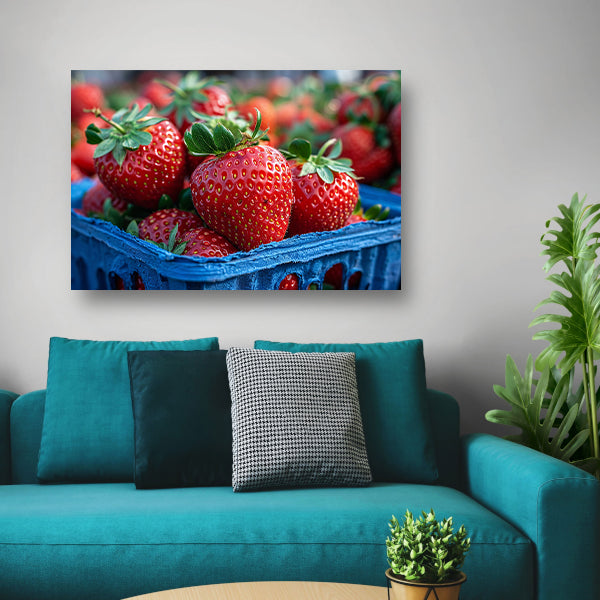 Blauwe schaal met aardbeien canvas