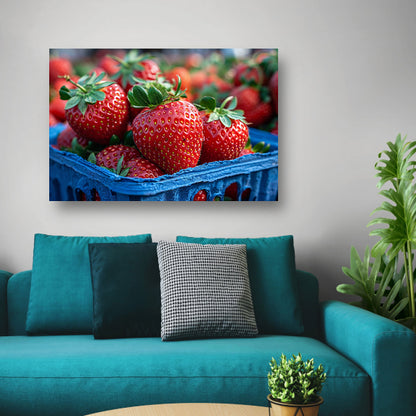 Blauwe schaal met aardbeien canvas