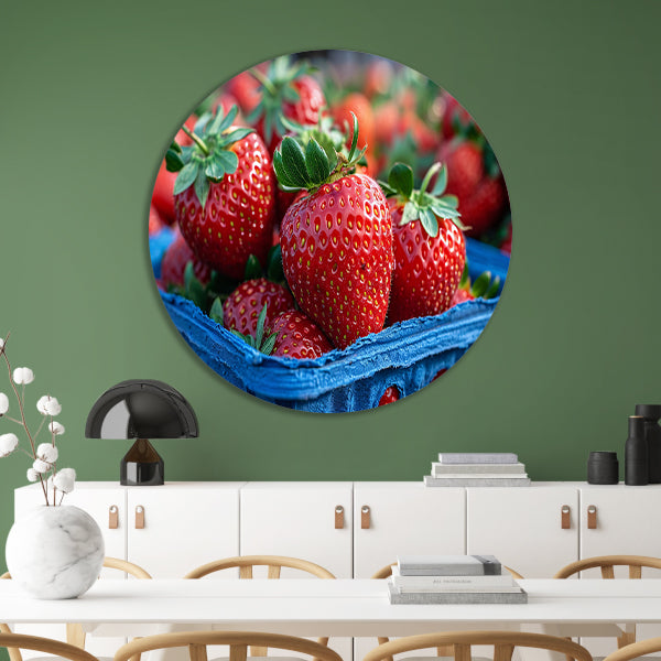 Blauwe schaal met aardbeien aluminium muurcirkel