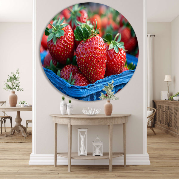 Blauwe schaal met aardbeien aluminium muurcirkel