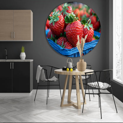 Blauwe schaal met aardbeien aluminium muurcirkel