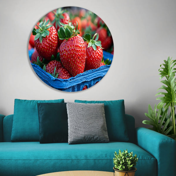 Blauwe schaal met aardbeien aluminium muurcirkel