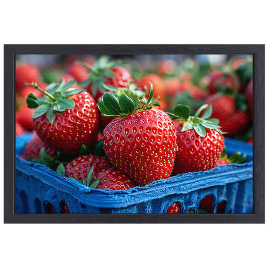 Blauwe schaal met aardbeien canvas met baklijst