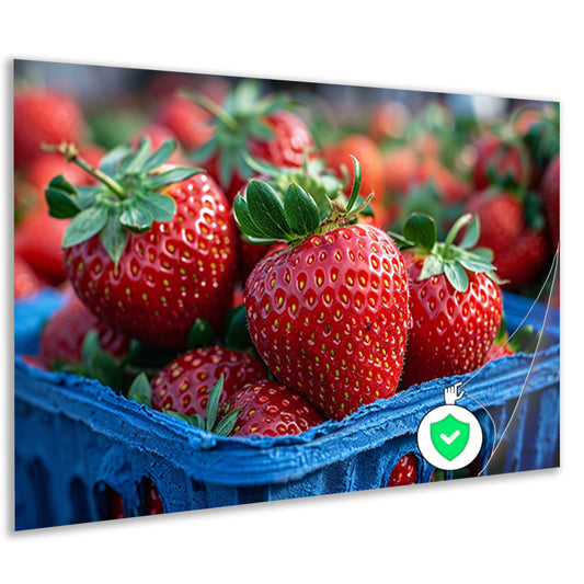 Blauwe schaal met aardbeien poster