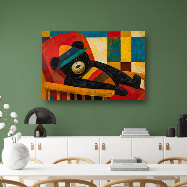Vrolijke beer in kubistisch kleurenpalet canvas