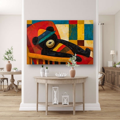 Vrolijke beer in kubistisch kleurenpalet canvas