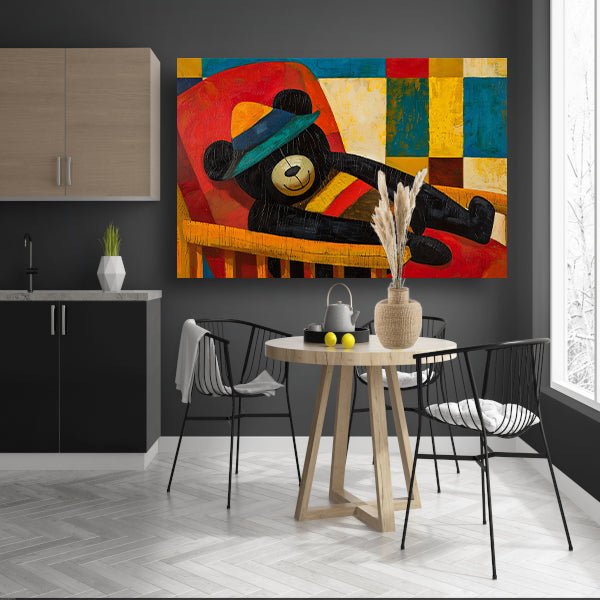 Vrolijke beer in kubistisch kleurenpalet canvas