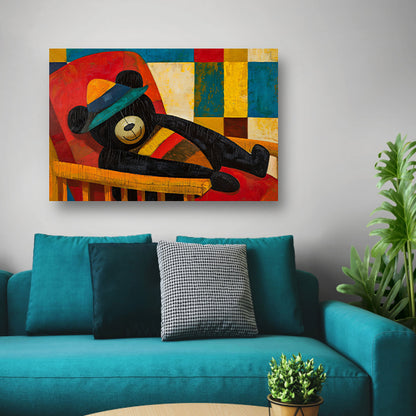 Vrolijke beer in kubistisch kleurenpalet canvas