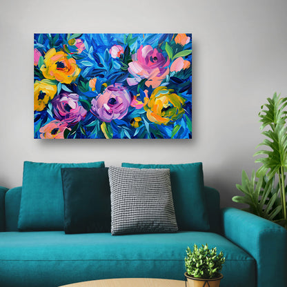 Kleurrijke Abstracte Impressie van Bloemen in Kunst canvas met baklijst
