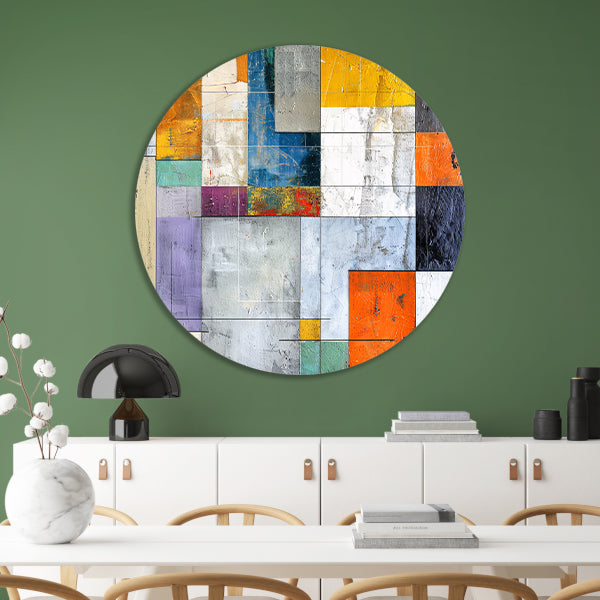 Abstracte geometrische kunst met levendige kleuren aluminium muurcirkel