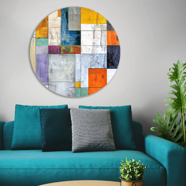Abstracte geometrische kunst met levendige kleuren aluminium muurcirkel