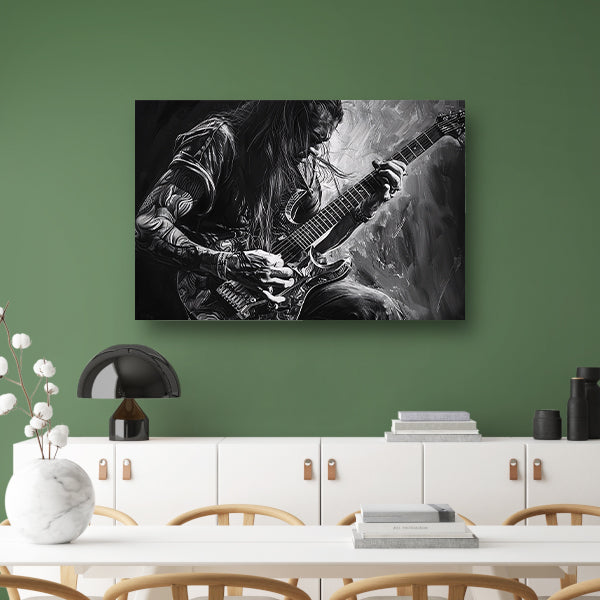 Gedetailleerd zwart-wit portret van gitarist canvas