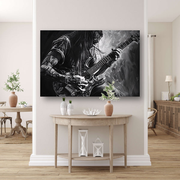 Gedetailleerd zwart-wit portret van gitarist canvas