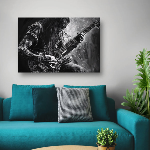 Gedetailleerd zwart-wit portret van gitarist canvas