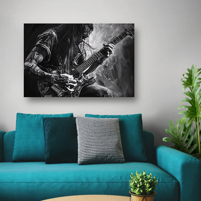 Gedetailleerd zwart-wit portret van gitarist   poster