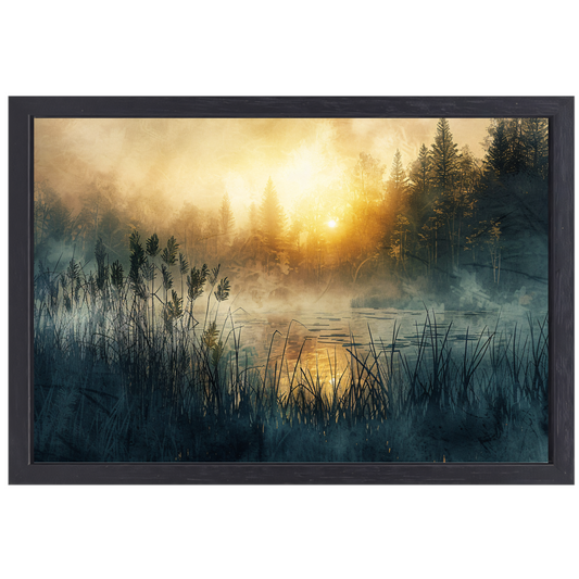 Mistige Ochtendzon Doorbrekend door het Bos canvas met baklijst