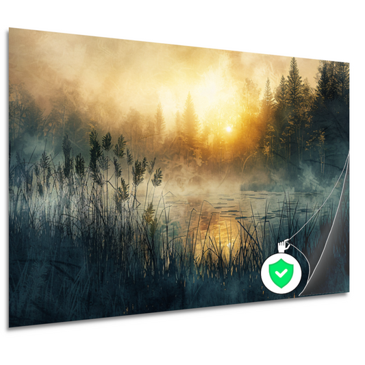 Mistige Ochtendzon Doorbrekend door het Bos poster