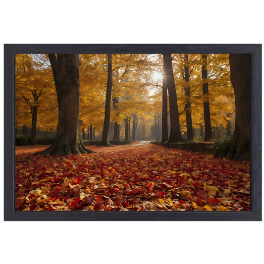 Herfstbladeren en Zonnestralen in het Bos canvas met baklijst