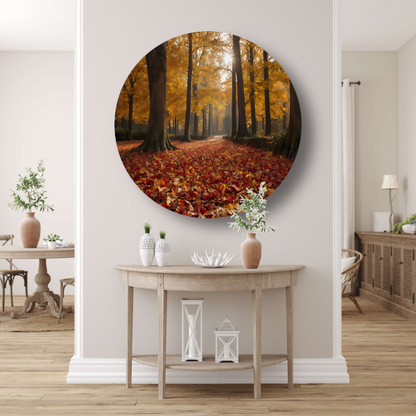 Herfstbladeren en Zonnestralen in het Bos aluminium muurcirkel