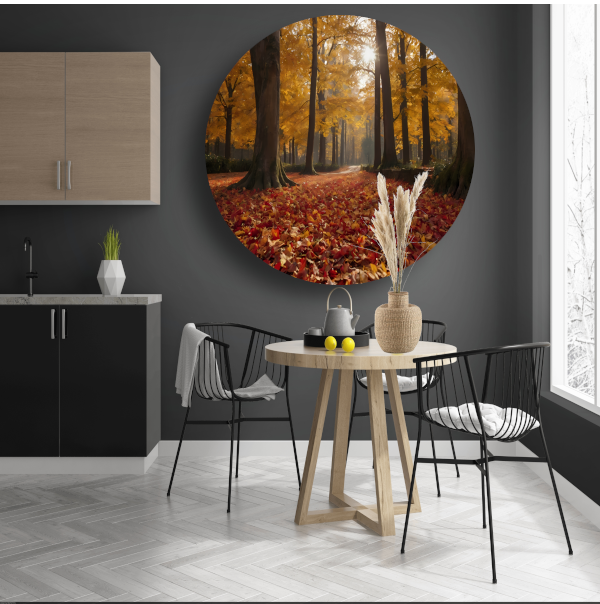 Herfstbladeren en Zonnestralen in het Bos aluminium muurcirkel
