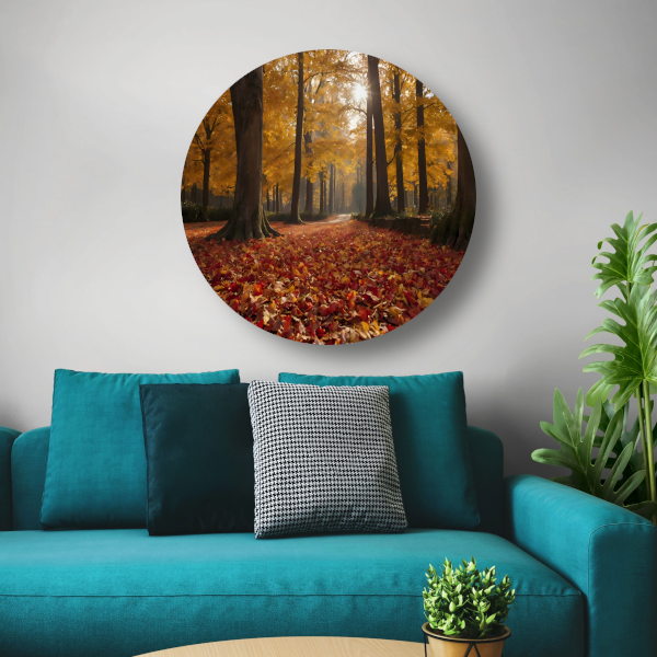 Herfstbladeren en Zonnestralen in het Bos aluminium muurcirkel