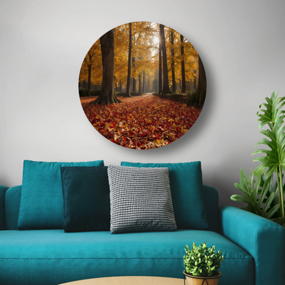 Herfstbladeren en Zonnestralen in het Bos aluminium muurcirkel