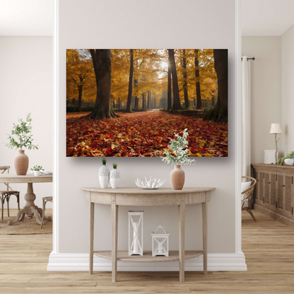 Herfstbladeren en Zonnestralen in het Bos canvas met baklijst