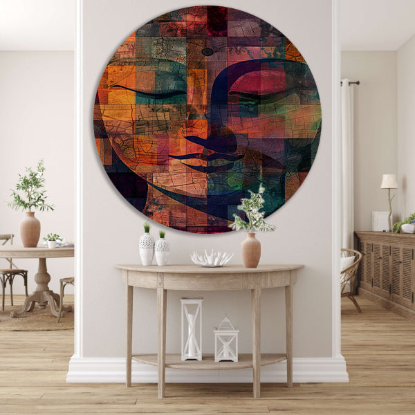 Abstracte kleurrijke Boeddha mozaïek kunstwerk aluminium muurcirkel