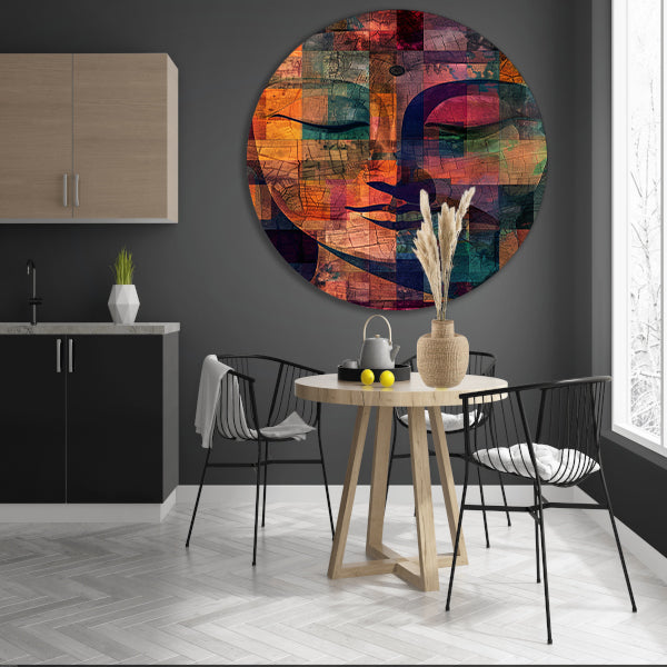Abstracte kleurrijke Boeddha mozaïek kunstwerk aluminium muurcirkel
