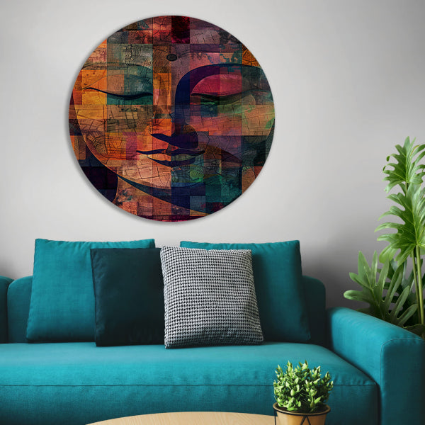 Abstracte kleurrijke Boeddha mozaïek kunstwerk aluminium muurcirkel