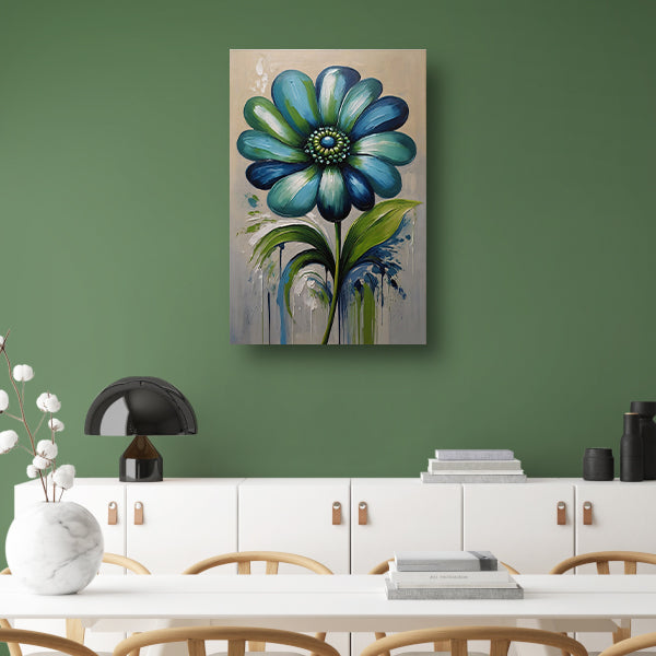 Abstracte Blauwe Bloem met Groene Bladeren canvas