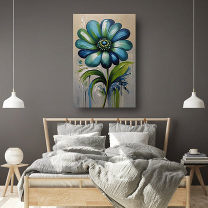 Abstracte Blauwe Bloem met Groene Bladeren canvas
