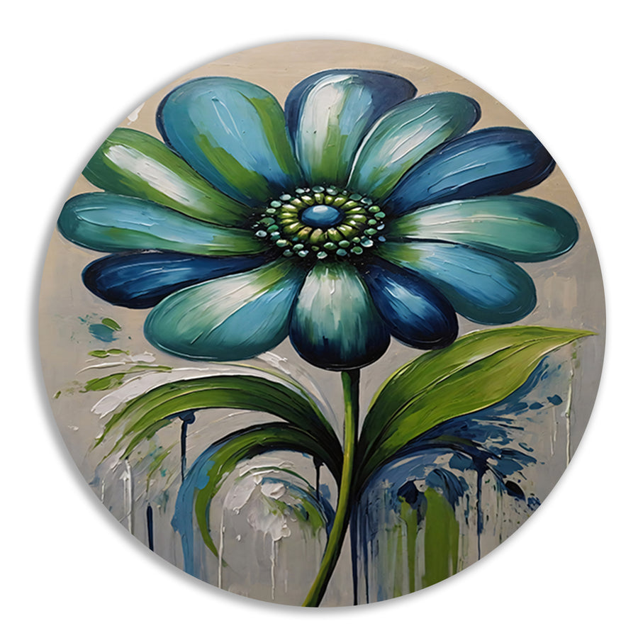 Abstracte Blauwe Bloem met Groene Bladeren aluminium muurcirkel