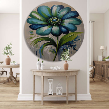Abstracte Blauwe Bloem met Groene Bladeren aluminium muurcirkel