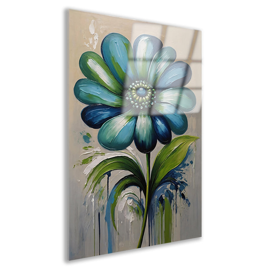 Abstracte Blauwe Bloem met Groene Bladeren Acrylglas