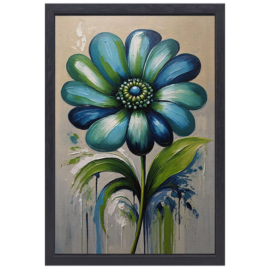 Abstracte Blauwe Bloem met Groene Bladeren canvas met baklijst