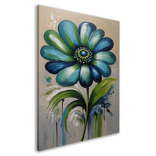 Abstracte Blauwe Bloem met Groene Bladeren canvas