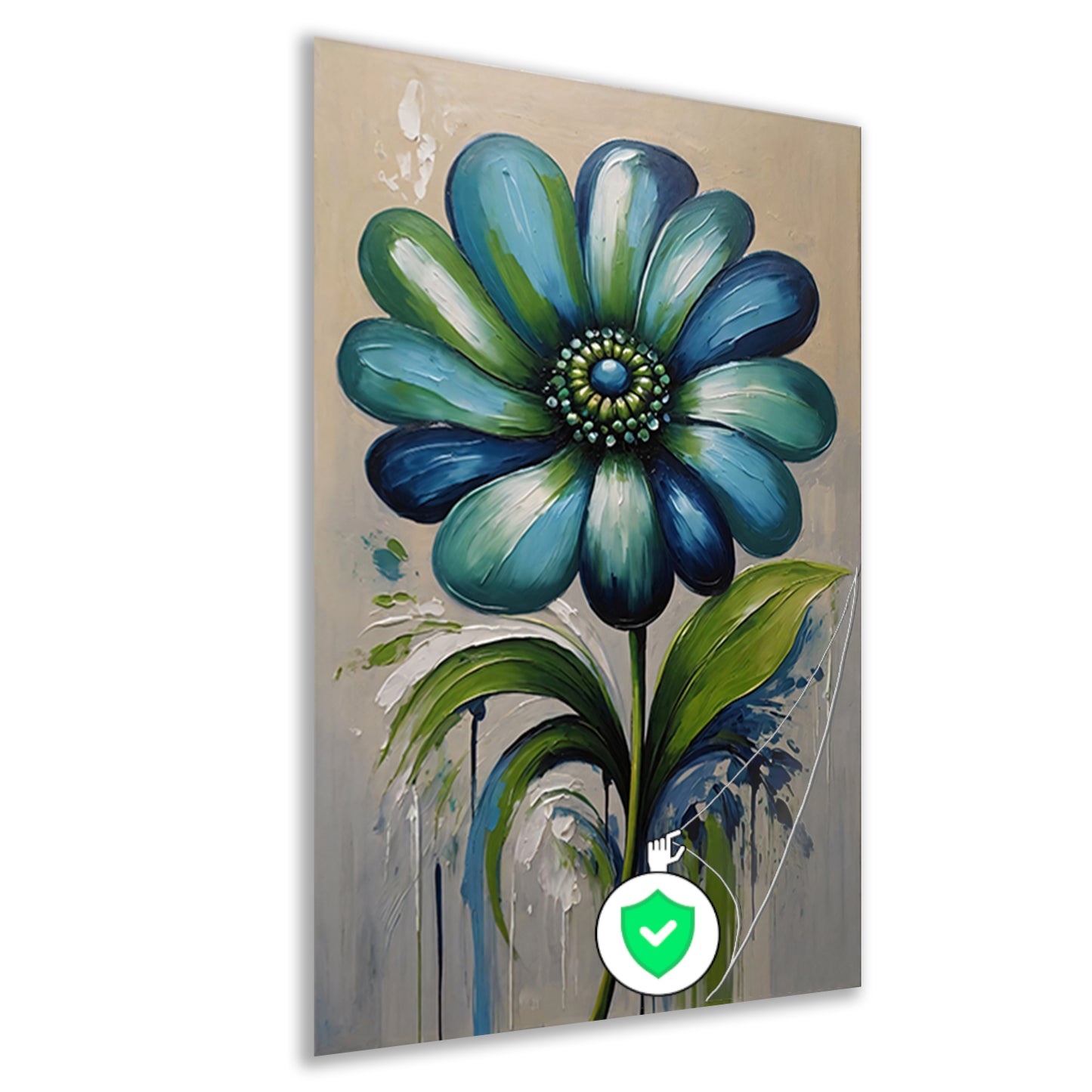 Abstracte Blauwe Bloem met Groene Bladeren poster