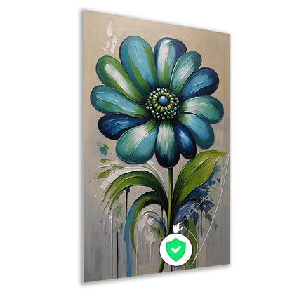 Abstracte Blauwe Bloem met Groene Bladeren poster