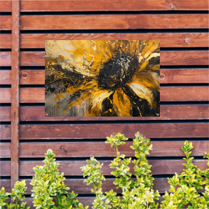 Dynamische abstracte zonnebloem in goud en zwart tuinposter
