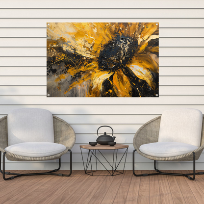 Dynamische abstracte zonnebloem in goud en zwart tuinposter