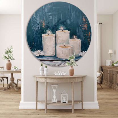 Prachtig realistisch schilderij van brandende kaarsen aluminium muurcirkel