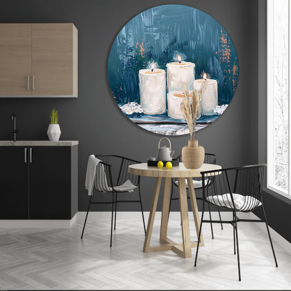 Prachtig realistisch schilderij van brandende kaarsen aluminium muurcirkel