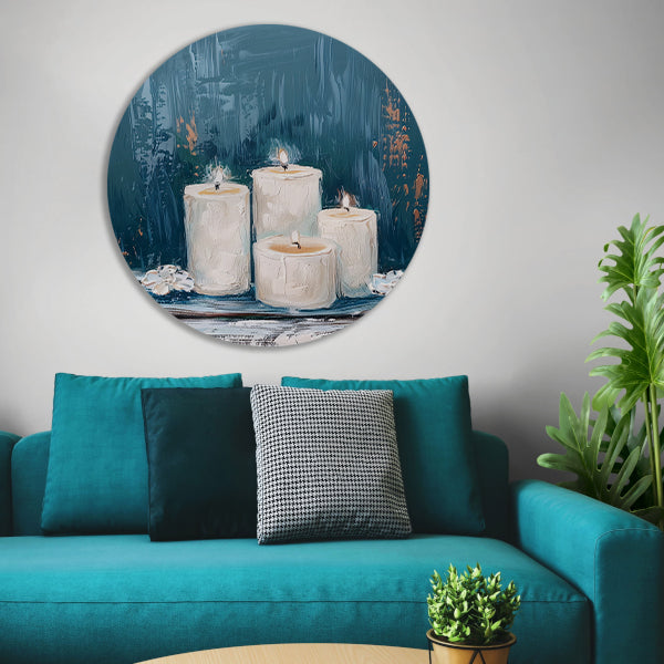 Prachtig realistisch schilderij van brandende kaarsen aluminium muurcirkel